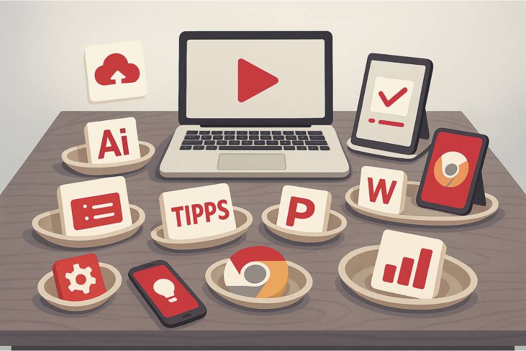 Ein Laptop und verschiedene Bildschirme für digitale Geräte zeigen auf einem Holztisch Symbole und Logos für Software, Tipps, Präsentationen und Produktivitätstools.