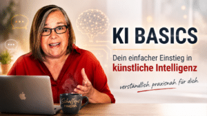 Eine Frau in rotem Hemd sitzt an einem Schreibtisch mit einem Laptop und einer Tasse und gestikuliert, während sie spricht. Der Text auf dem Bild wirbt für einen Einführungskurs über künstliche Intelligenz in deutscher Sprache - perfekt für alle, die einen Newsletter starten oder die Grundlagen der KI erlernen möchten.