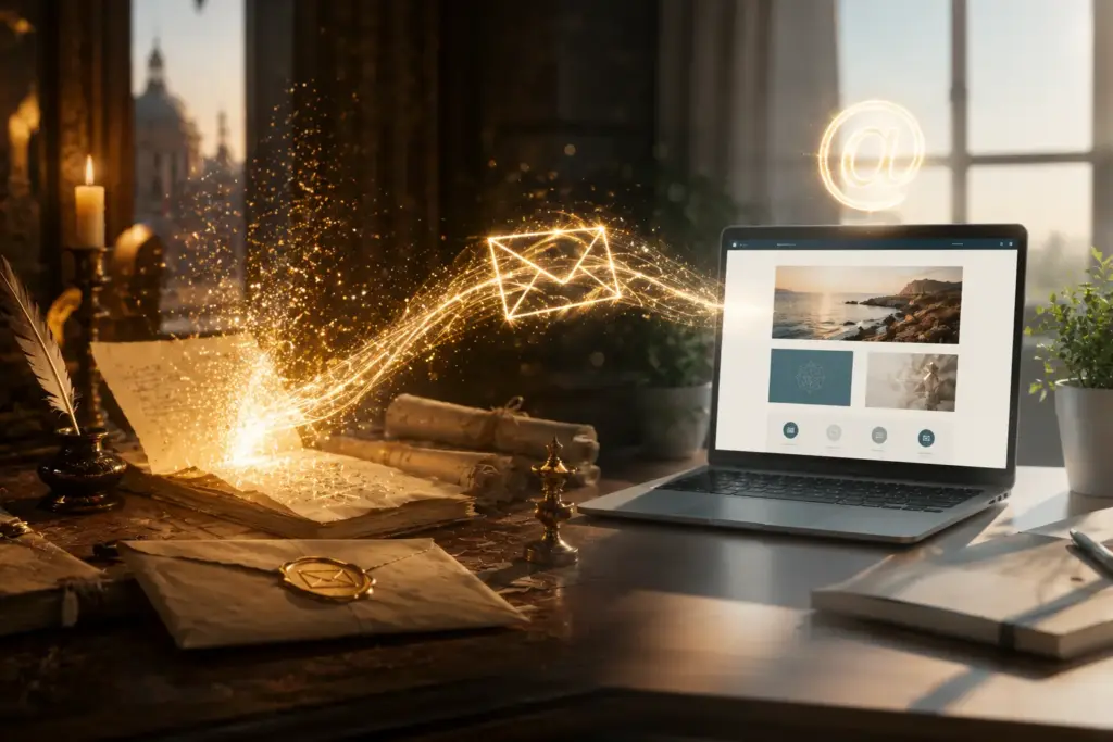 Ein Laptop auf einem Schreibtisch schickt einen leuchtenden digitalen Umschlag in Richtung alter Briefe und Pergament, was den Übergang von der traditionellen Post zur E-Mail symbolisiert.