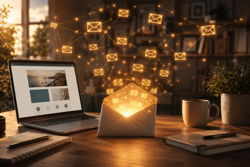 Auf einem Schreibtisch leuchtet ein Umschlag, aus dem Symbole für digitale E-Mails hervorstrahlen; daneben stehen ein Laptop, eine Kaffeetasse und Notizbücher in einem warm beleuchteten Büro.