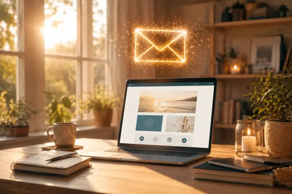 Auf einem Laptop, der auf einem Holzschreibtisch steht, ist eine Website zu sehen, über der ein leuchtendes E-Mail-Symbol zu erkennen ist. Auf dem Schreibtisch liegen außerdem Notizbücher, eine Tasse und eine Kerze. Sonnenlicht fällt durch das Fenster.