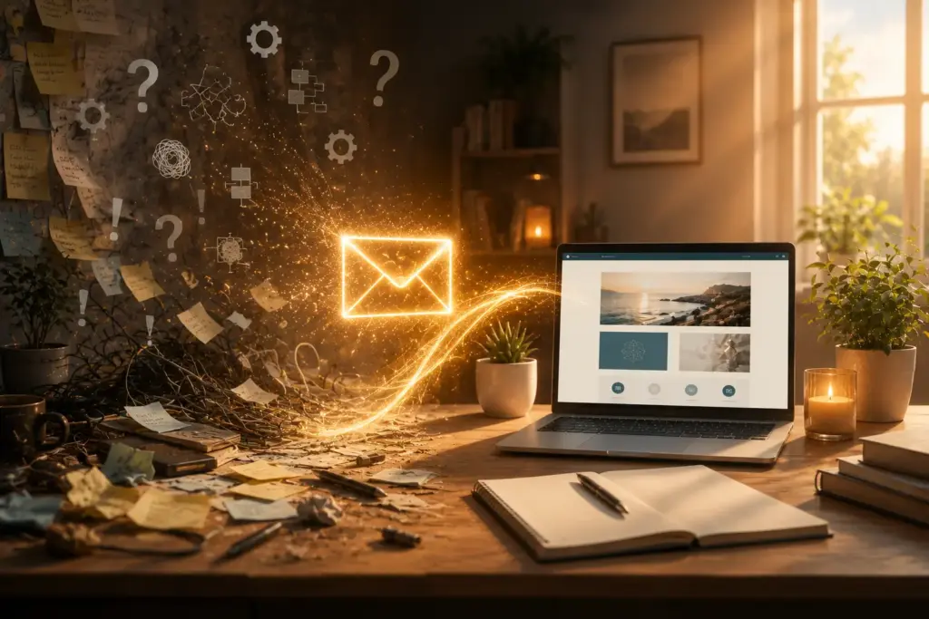 Ein mit Notizen und einem Laptop überfüllter Schreibtisch; darüber erscheint ein leuchtendes E-Mail-Symbol mit digitalen Effekten und Fragezeichen, was auf Verwirrung oder Fragen zur E-Mail-Kommunikation hindeutet.