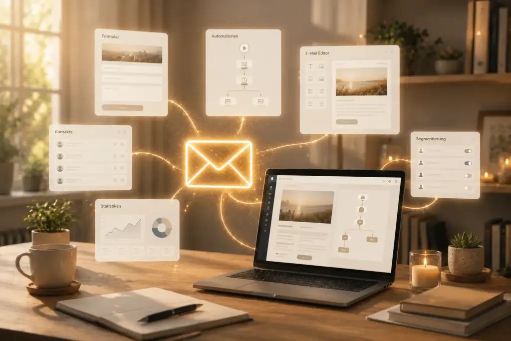 Auf einem Laptop auf einem Schreibtisch ist eine Workflow-Software zu sehen, umgeben von schwebenden Symbolen für E-Mail, Kontakte, Statistiken, Formulare und Automatisierung, in deren Mitte ein leuchtendes Briefumschlagsymbol zu sehen ist.