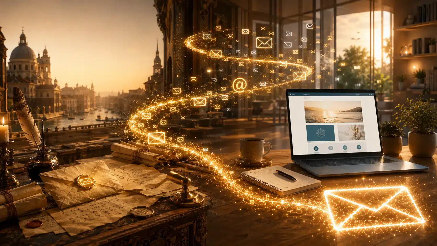Ein Laptop auf einem Schreibtisch mit Papieren und Kaffee; E-Mails, dargestellt durch leuchtende Symbole, wirbeln in einem malerischen, kunstvoll gestalteten Raum bei Sonnenuntergang durch die Luft. (KI-Bild)