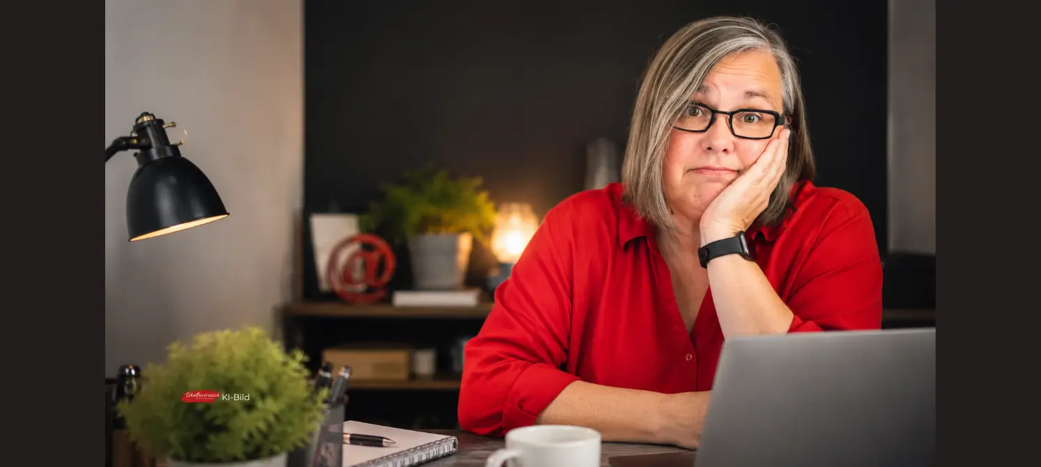 Eine Person mit grauen Haaren und Brille, die ein rotes Hemd trägt, sitzt an einem Schreibtisch mit einem Laptop, stützt das Kinn auf die Hand, blickt in die Kamera und denkt vielleicht gerade über die neuesten Trends im Online-Geschäft nach. KI-Bild