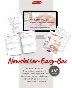 Computerbildschirm und Dokumente zeigen die "Newsletter-Easy-Box", ein Baukasten mit Strukturen, Umsetzungshilfen und Vorlagen zur Erstellung von Newslettern, der für 27 Euro (zzgl. MwSt.) angeboten wird.