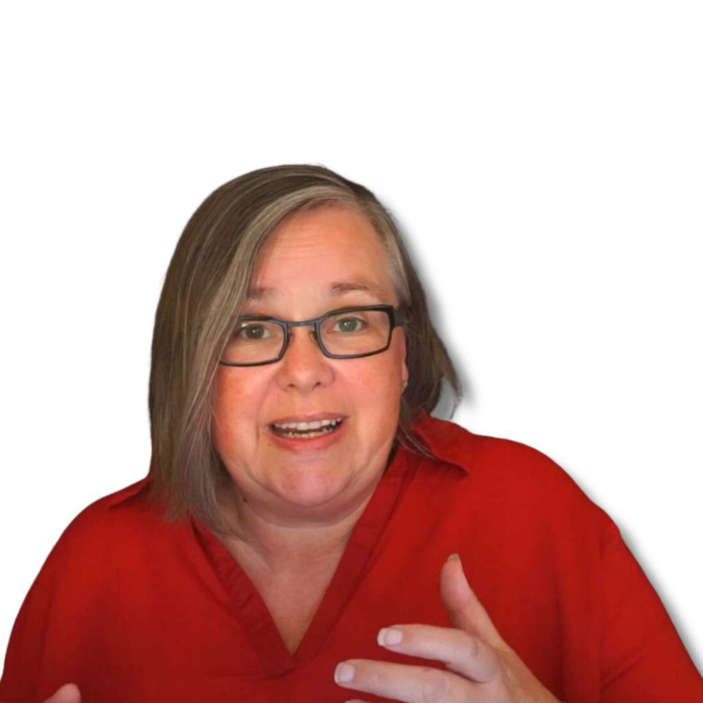 Eine Frau mit Brille und rotem Hemd.