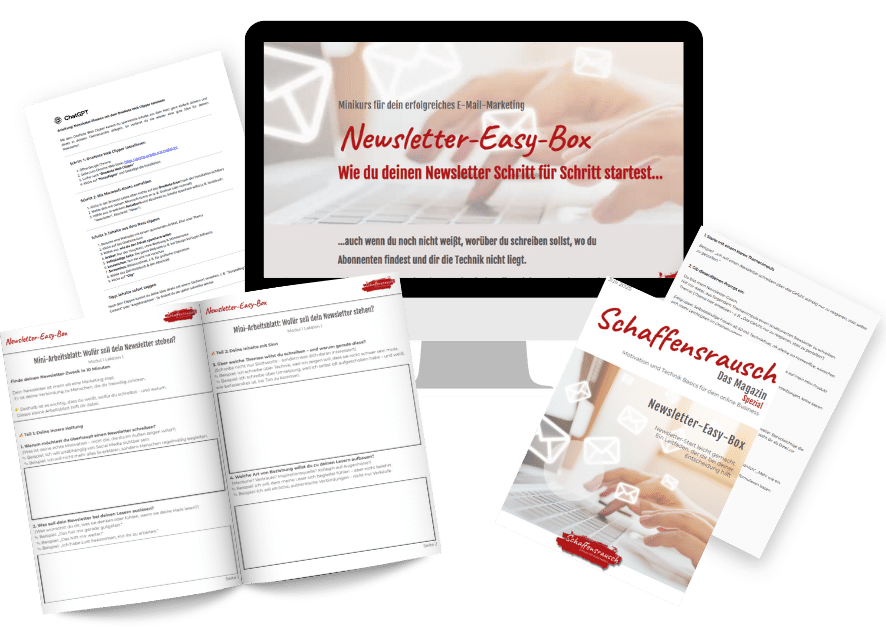 mockup Ein Computermonitor und mehrere gedruckte Dokumente zeigen deutschsprachige Materialien zum Thema "Newsletter erstellen", darunter den Leitfaden "Newsletter-Easy-Box" und entsprechende Arbeitsblätter.